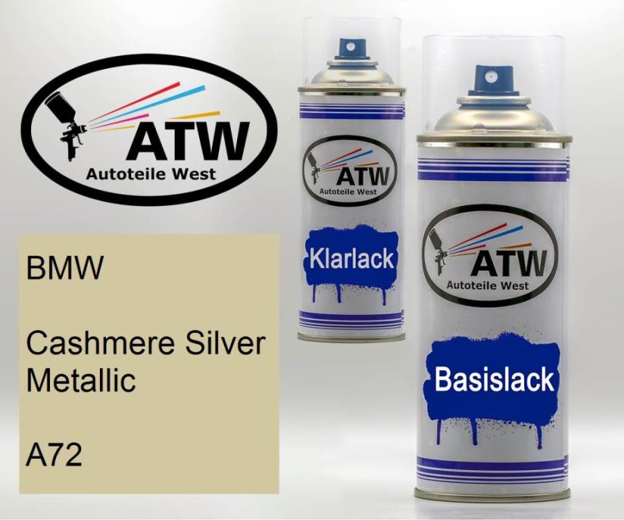 BMW, Cashmere Silver Metallic, A72: 400ml Sprühdose + 400ml Klarlack - Set, von ATW Autoteile West.